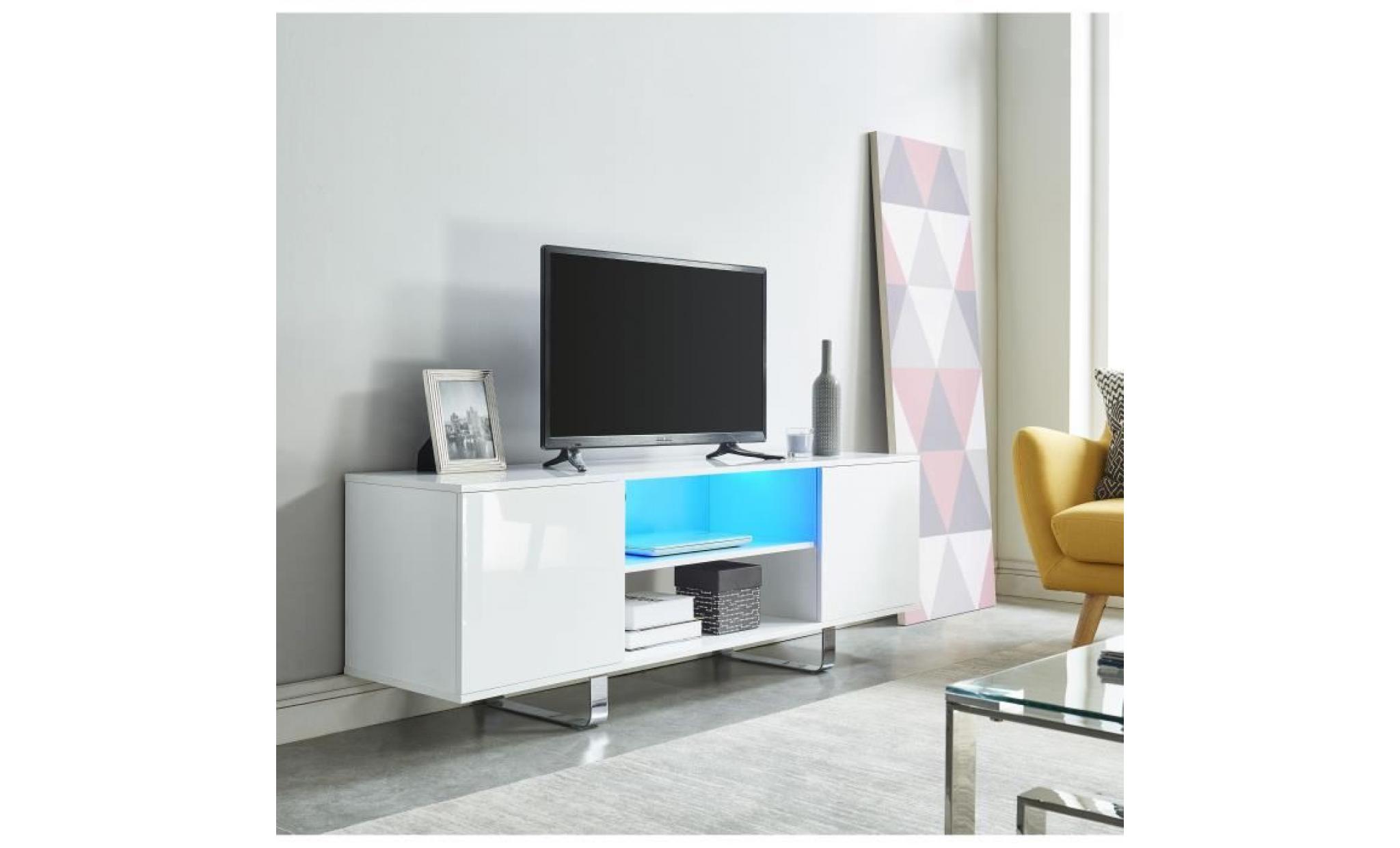 zelie meuble tv led contemporain laqué blanc brillant   l 150 cm pas cher