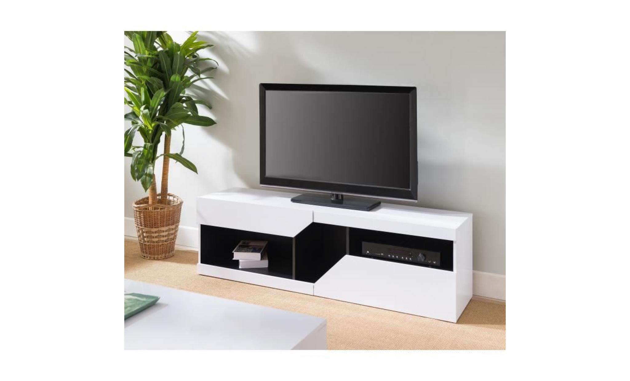 zoom meuble tv contemporain blanc et noir brillant   l 160 cm pas cher